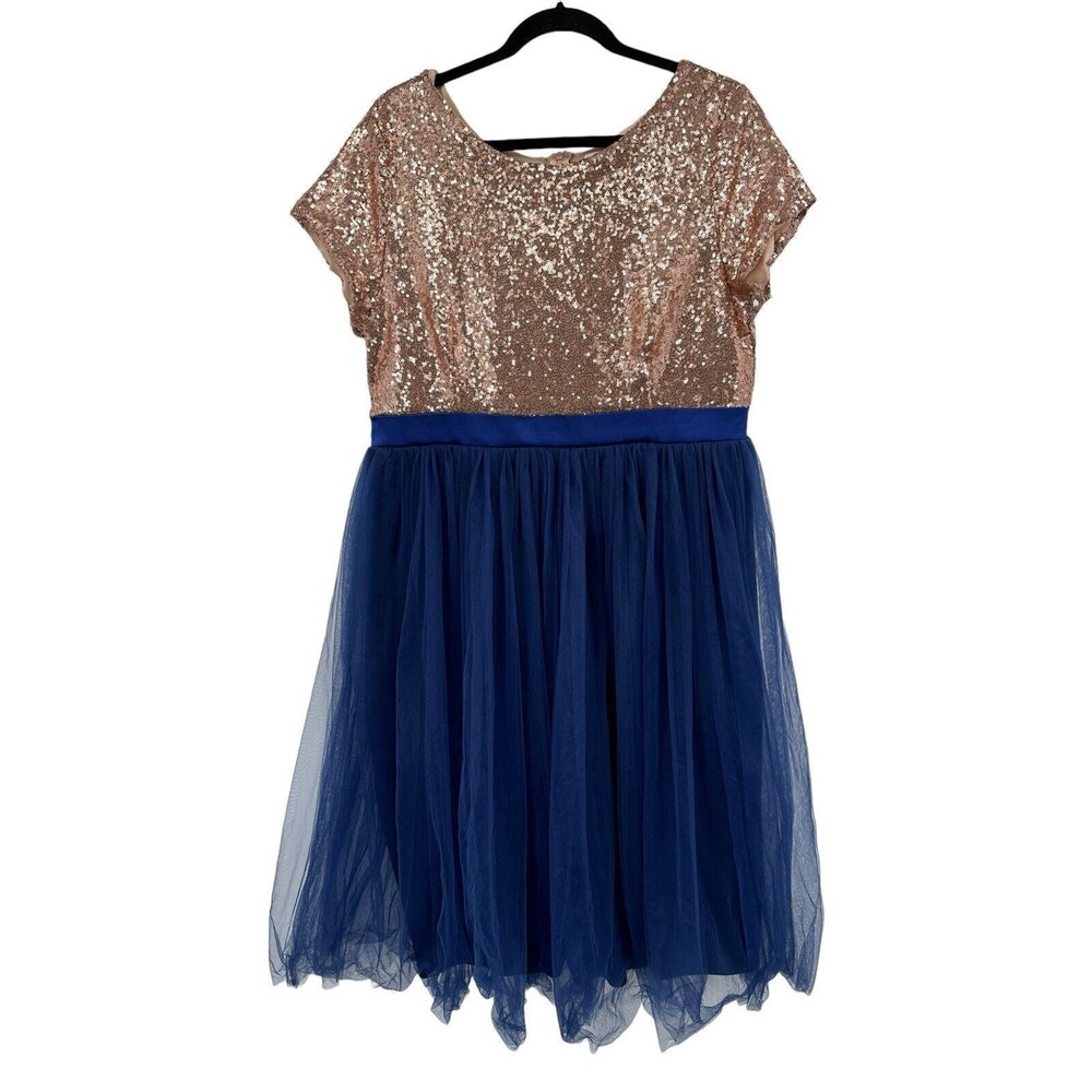 NeeSee's Sequin Dress Plus Size 3X Rose Gold Navy Blue Tulle Fit Flare Party